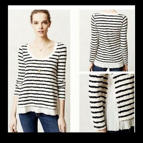 Anthropologie Postage Walkwrite Longsleeve Tee Pleated Inset Navy White  XS - Picture 1 of 11